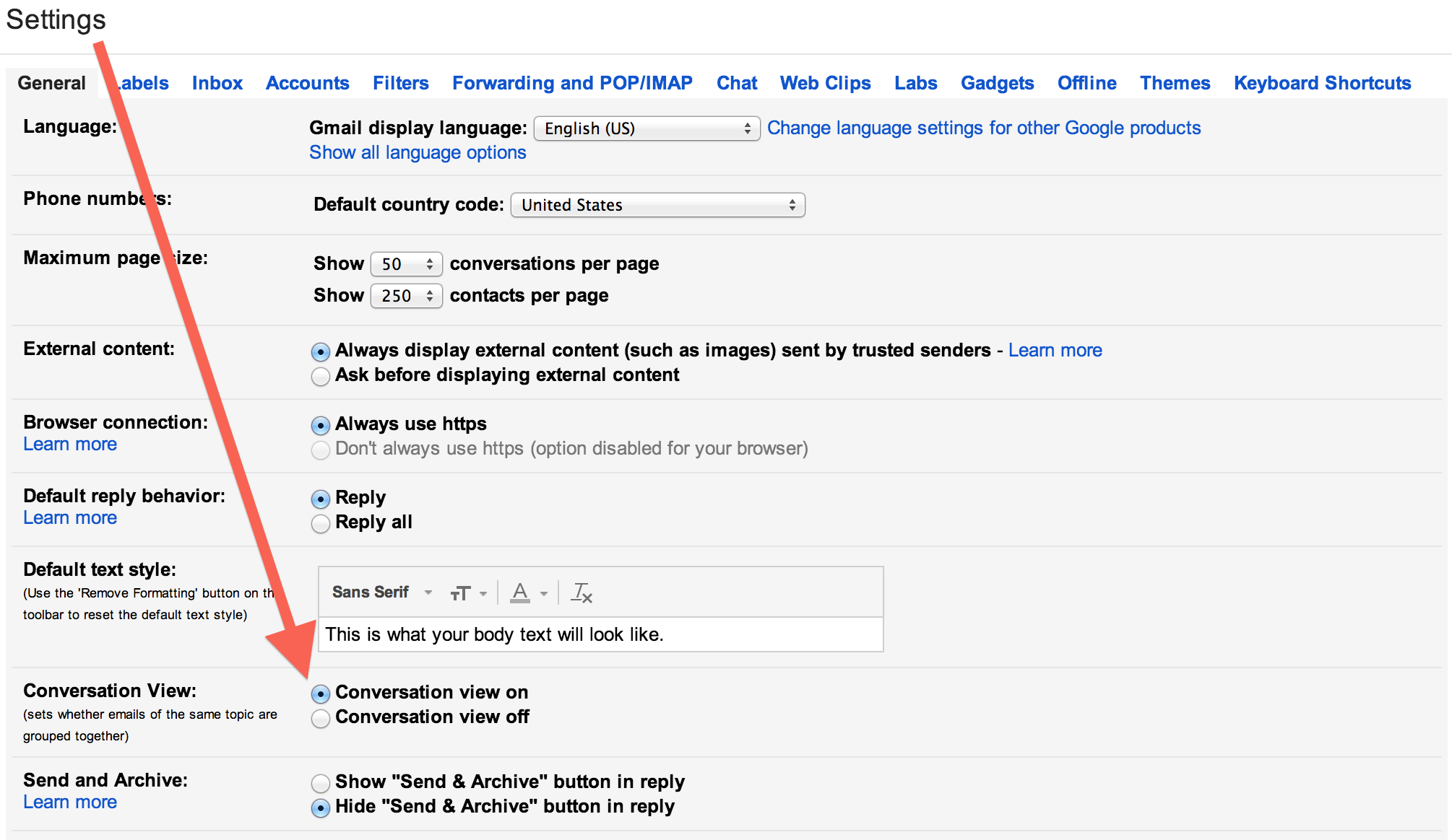 Gmail settings, conversation, message toggle